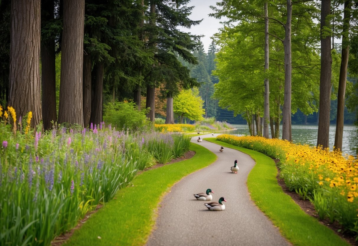 A winding path through the Tacoma Nature Center, lined with tall trees and vibrant wildflowers, leads to a serene lake with ducks swimming peacefully