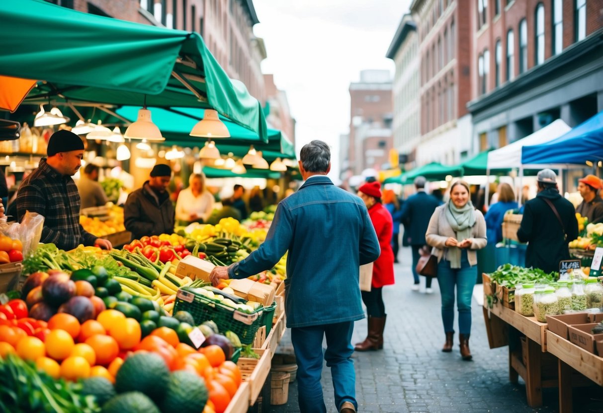 A bustling farmers market with colorful produce, artisanal goods, and lively patrons browsing the stalls
