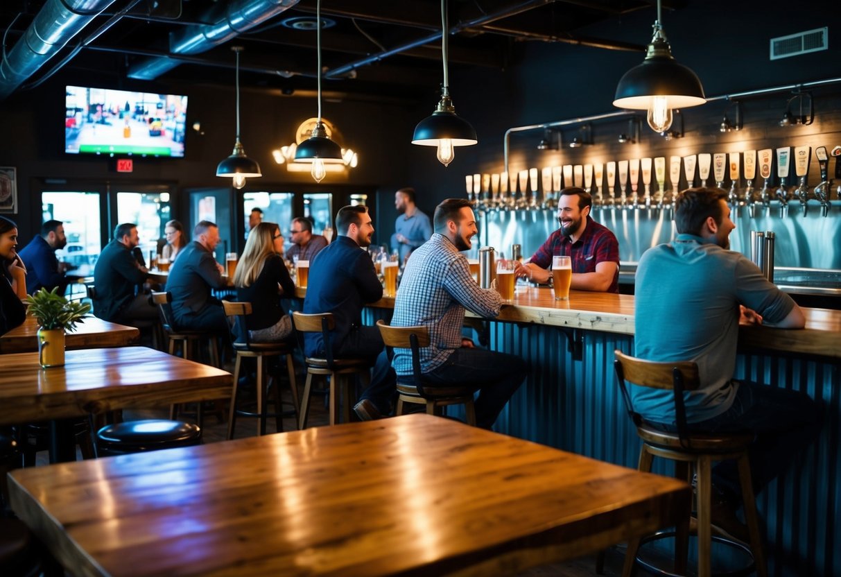 A cozy brewery with dim lighting, wooden tables, and a bar lined with taps. Patrons relax with pints, chatting and laughing
