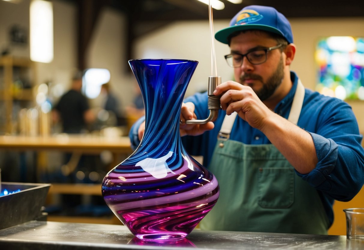 A glassblower shapes molten glass into a vibrant, swirling vase at Tacoma Glassblowing Studio