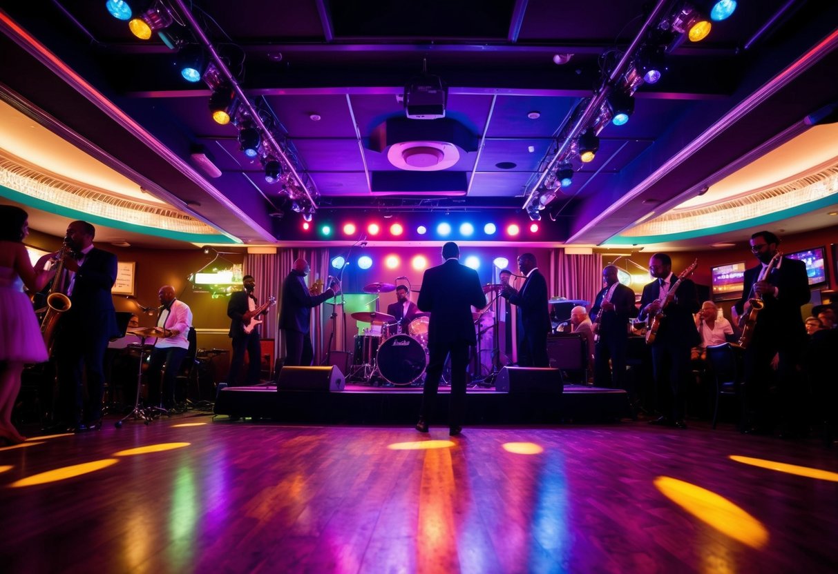 A lively jazz club with a crowded dance floor, colorful stage lights, and a band playing upbeat music
