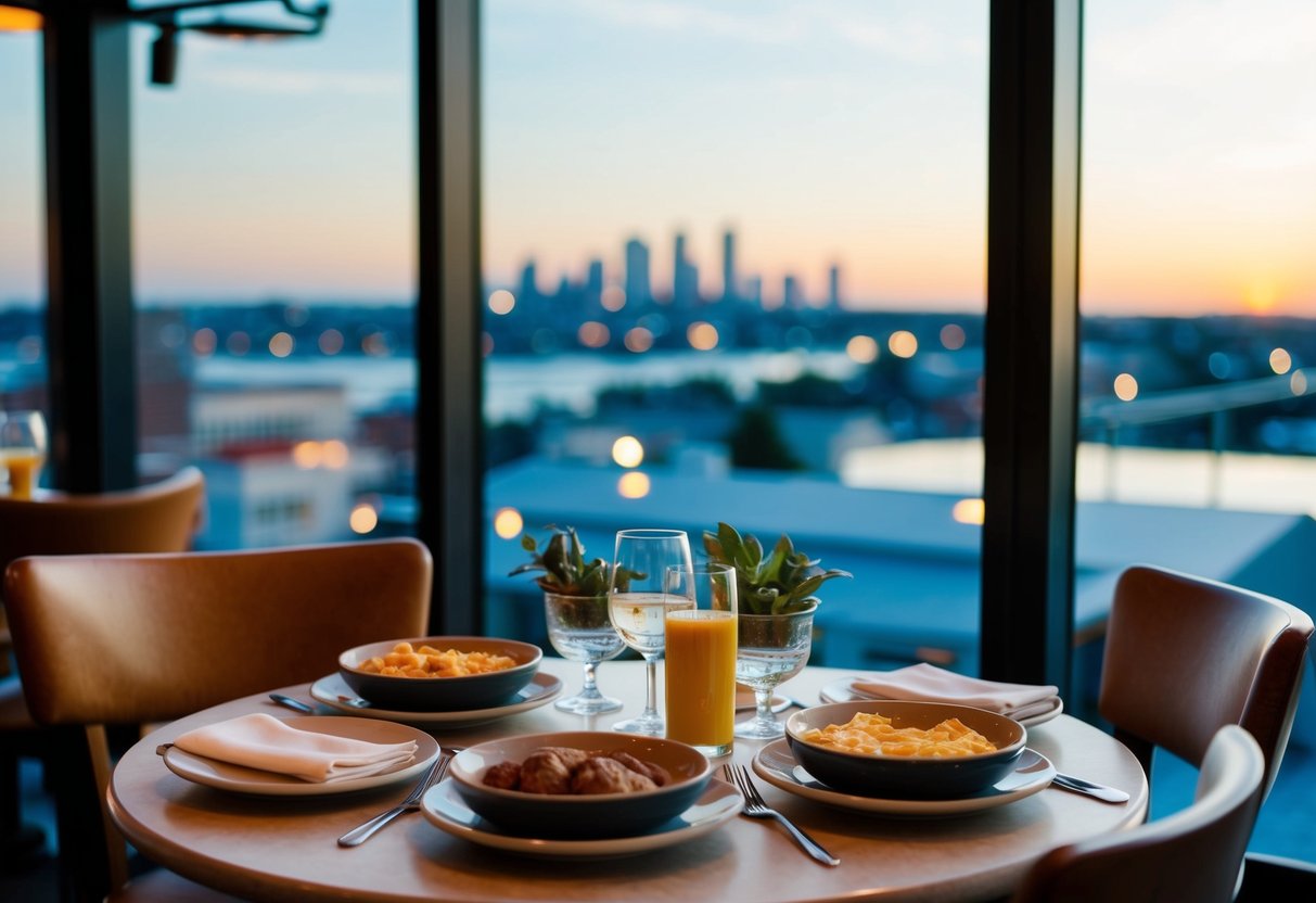 A cozy table set with breakfast dishes at Poodle Dog Restaurant, with a view of the Tacoma skyline through the window
