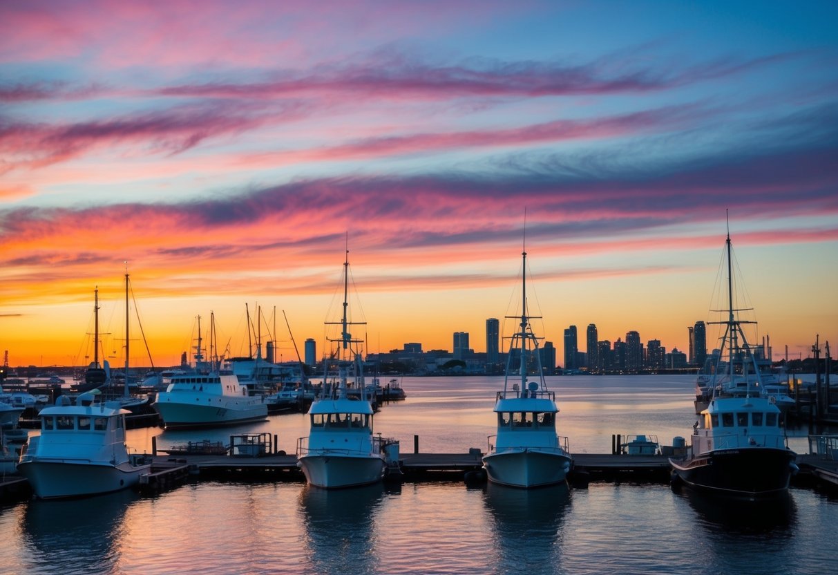 A colorful sunset over the Foss Waterway Seaport, with boats docked and the city skyline in the background