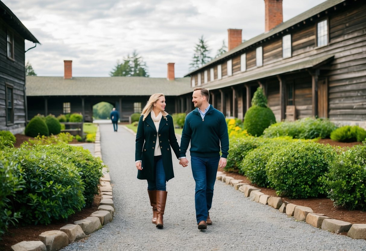 A couple strolls through the historic Fort Nisqually Living History Museum, surrounded by rustic buildings and lush greenery