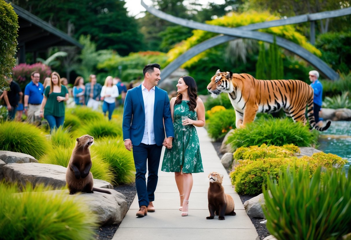 Visitors stroll through lush gardens, observing playful otters and majestic tigers at Point Defiance Zoo & Aquarium. A couple enjoys a romantic date surrounded by vibrant marine life