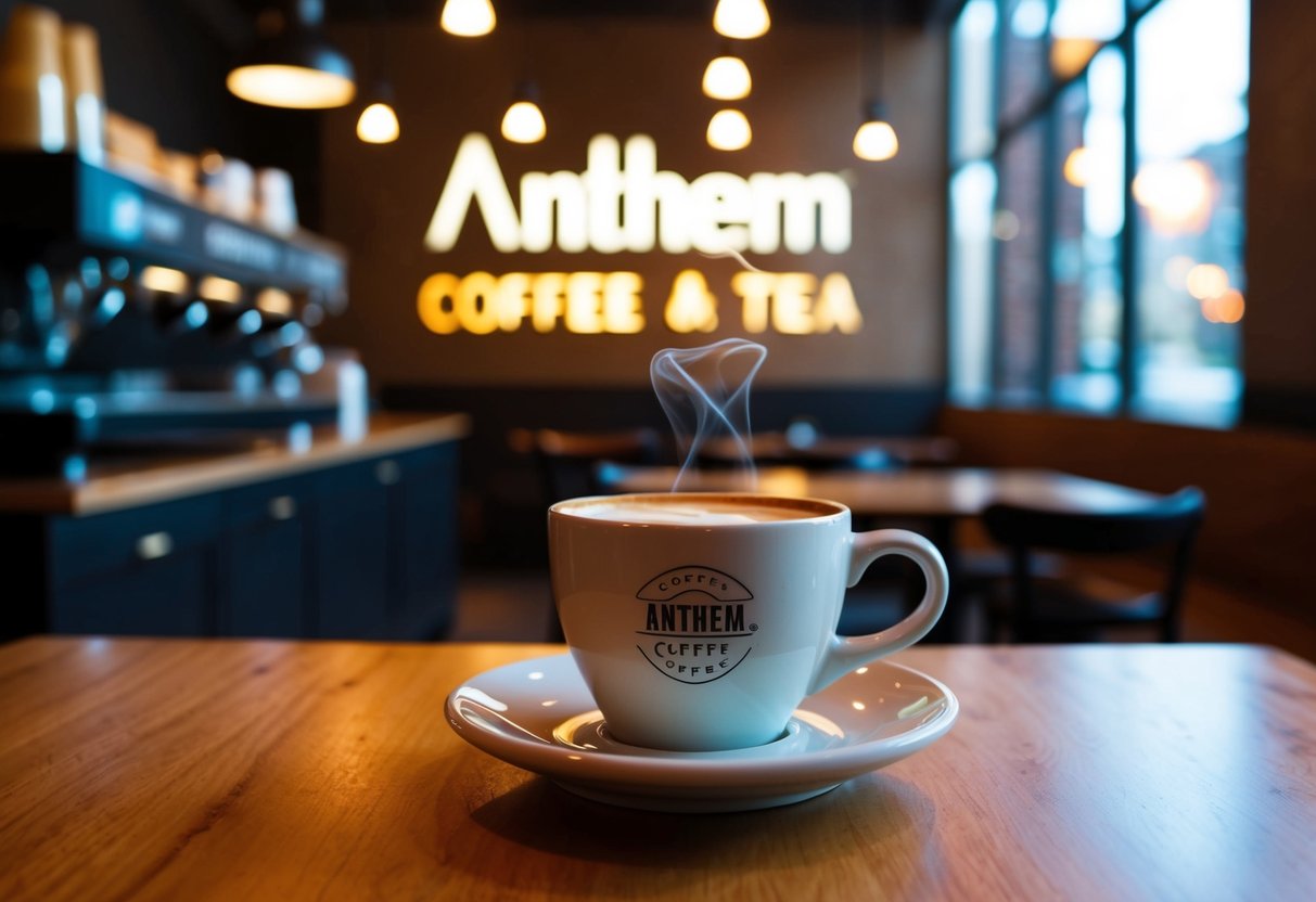A steaming cup of coffee sits on a wooden table at Anthem Coffee & Tea, with a cozy atmosphere and warm lighting in the background