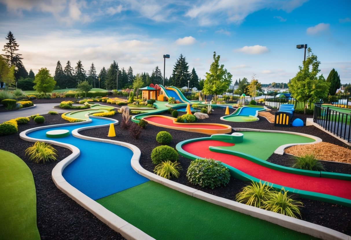 A colorful mini-golf course with winding paths, obstacles, and lush landscaping at Parkland Putters in Tacoma, WA