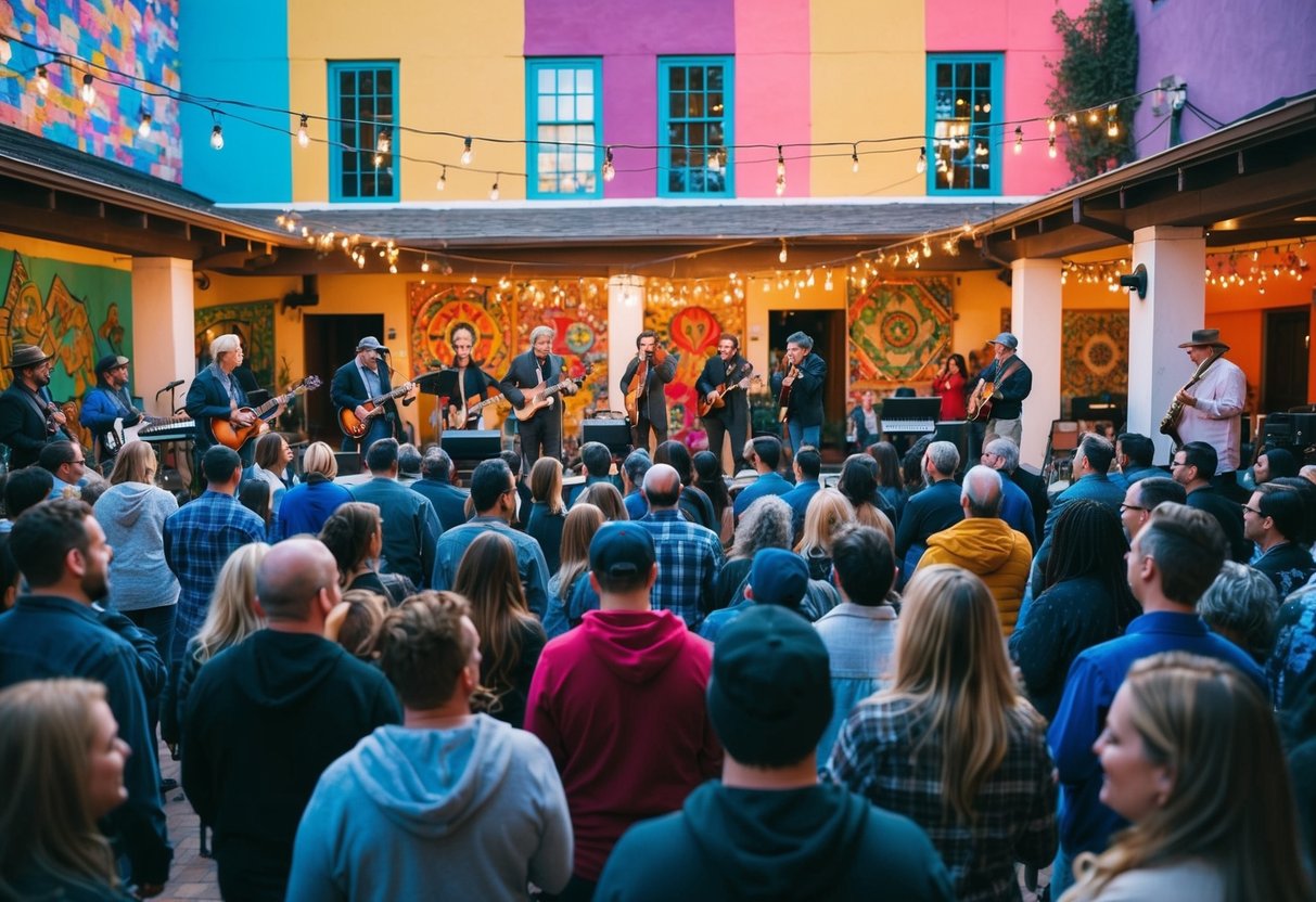 A crowd gathers in a vibrant, open-air courtyard. Musicians perform on a stage, surrounded by colorful murals and twinkling string lights