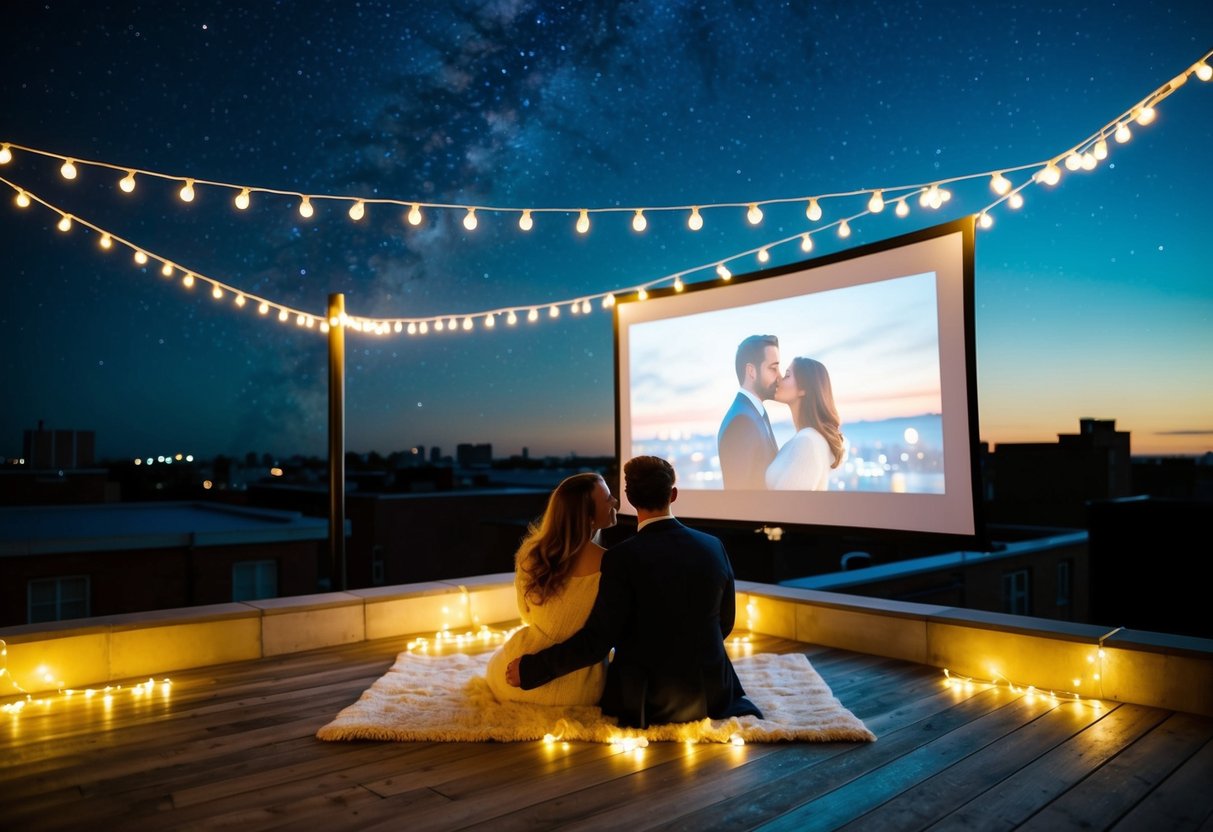 A couple sits on a rooftop under a starry sky, surrounded by fairy lights and a projector screen showing a romantic movie
