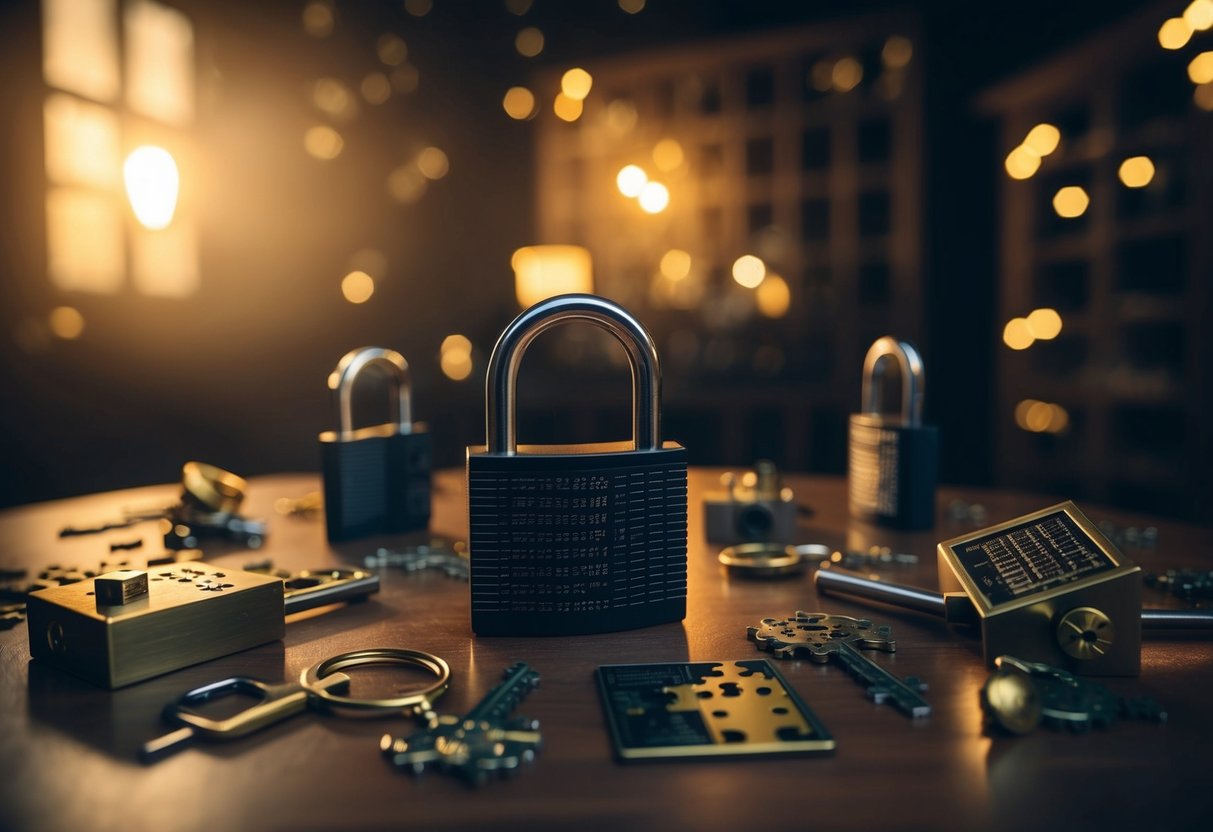 A dimly lit room with intricate locks, puzzles, and hidden clues scattered around, creating an atmosphere of mystery and excitement