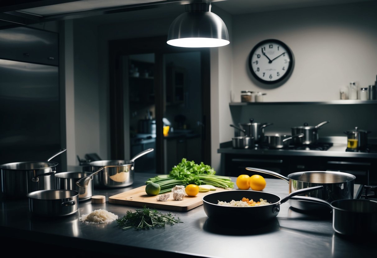 A dimly lit kitchen with pots and pans, a cutting board, and various ingredients spread out on the counter. A clock on the wall reads 9:30 pm