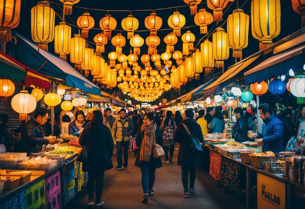 Colorful stalls under glowing lanterns at a bustling night market. Vendors sell street food, crafts, and trinkets as visitors stroll through the lively scene