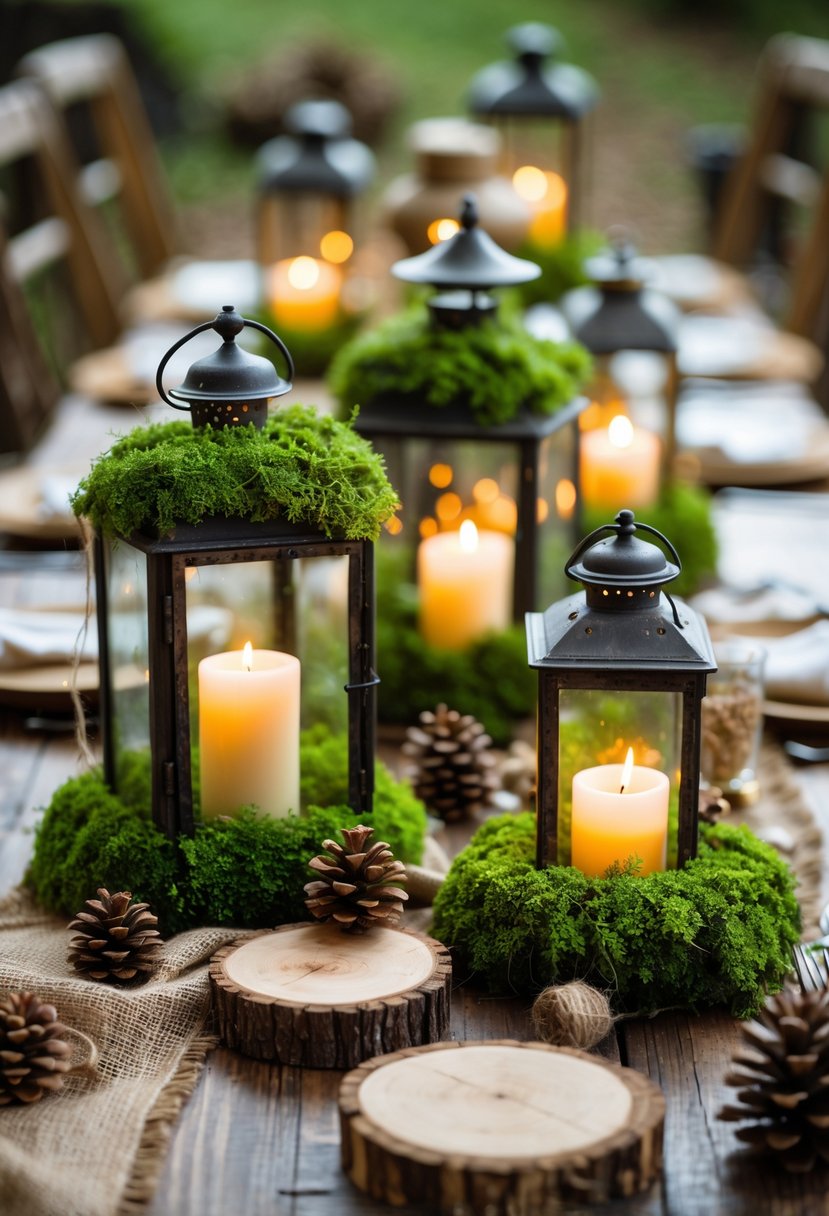 Several moss-covered lanterns with candles inside arranged on a wooden table as wedding decorations.