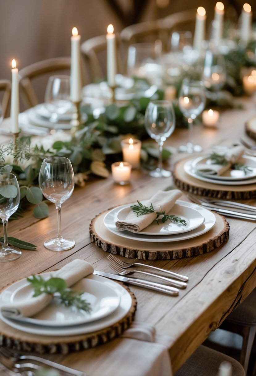 A wooden table set for a wedding with round wood slice chargers as placemats, white plates, silver cutlery, clear glasses, and green sprigs.
