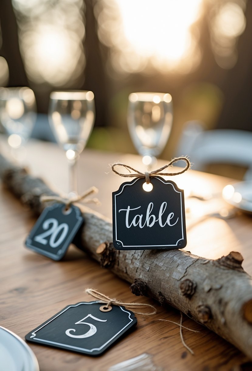 A tree branch resting on a wooden table with small chalkboard tags tied to it showing table numbers.