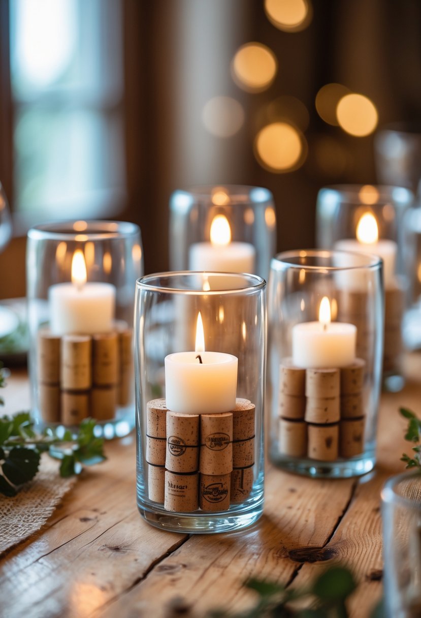 A wooden table with glass holders filled with wine corks, each holding a lit candle, arranged as a wedding table centerpiece.