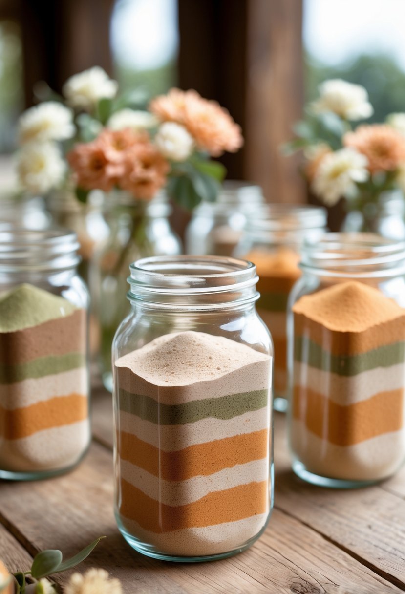 Glass jars filled with layered colored sand arranged on a wooden table as wedding decorations.