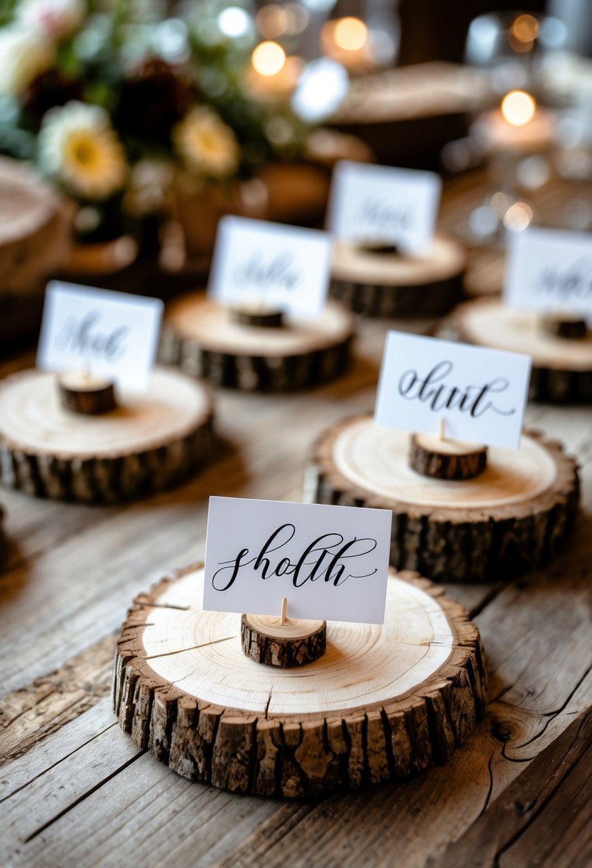 Wood slices with handwritten calligraphy place cards arranged on a wooden table as wedding decorations.