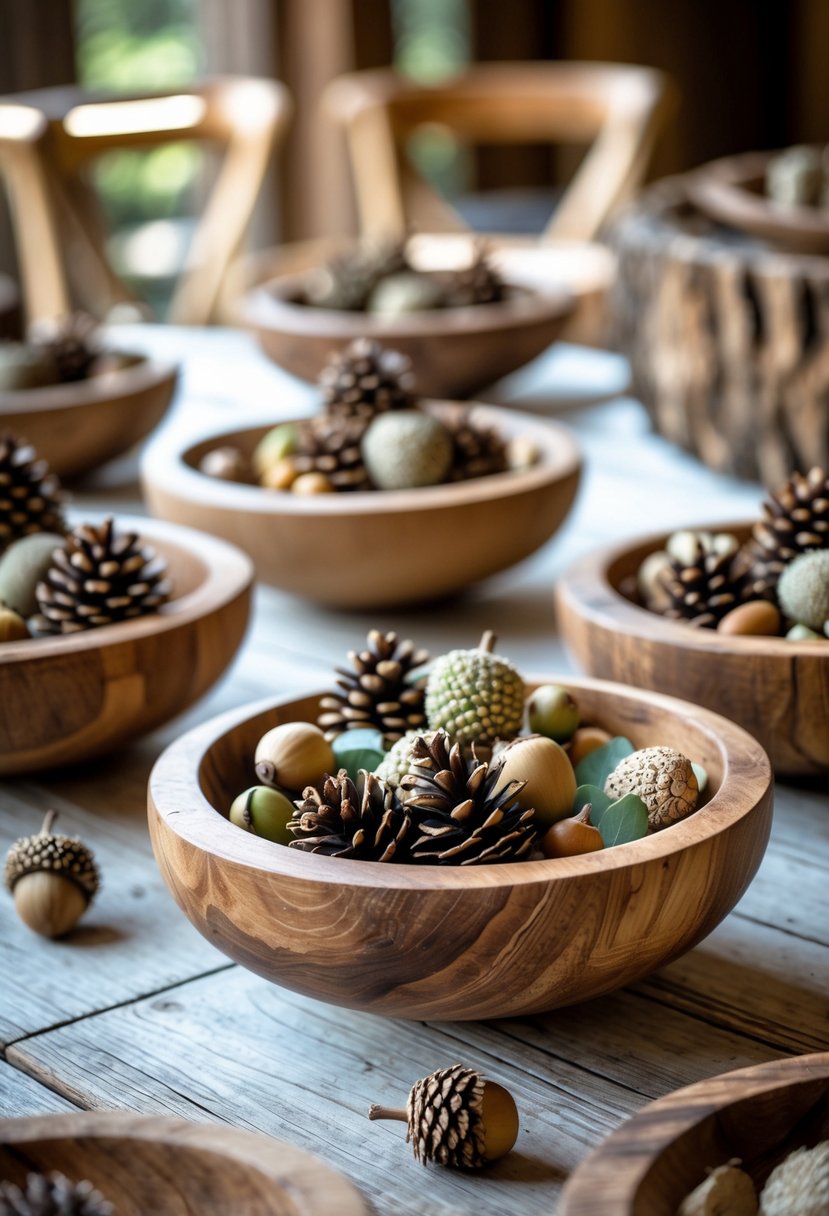 Wooden bowls filled with pinecones and acorns arranged on a wooden table as a wedding decoration.