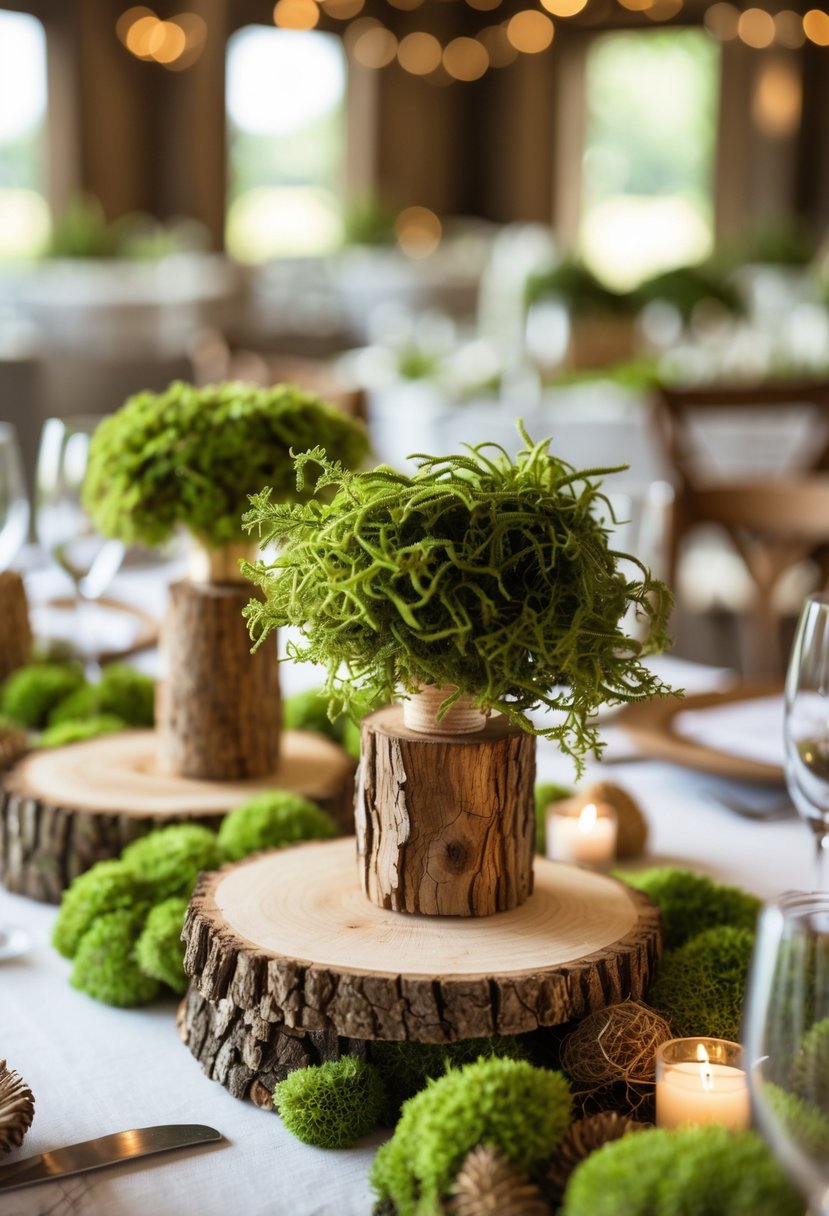 A wedding table with wood slice centerpieces decorated with green moss accents.