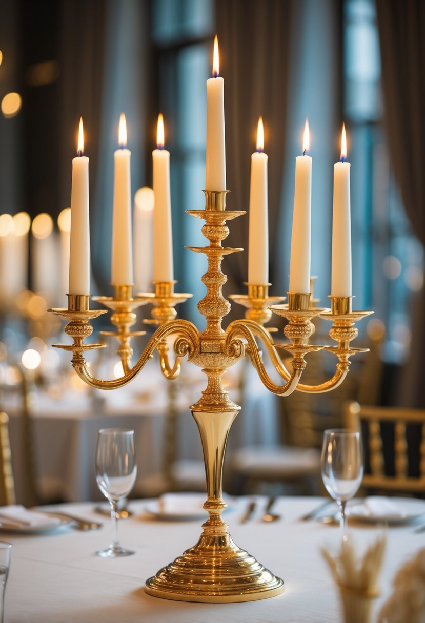 A gold candelabra with lit white tapered candles on a white tablecloth at a wedding table.