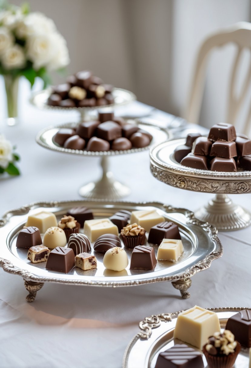 Vintage silver trays filled with assorted luxury chocolates arranged on a white wedding table without flowers.