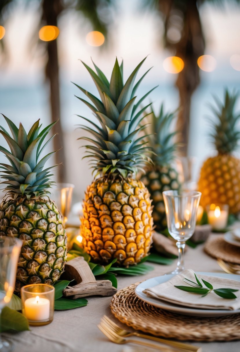 A wedding table set with tropical pineapples as centerpieces surrounded by candles and natural decorative elements.