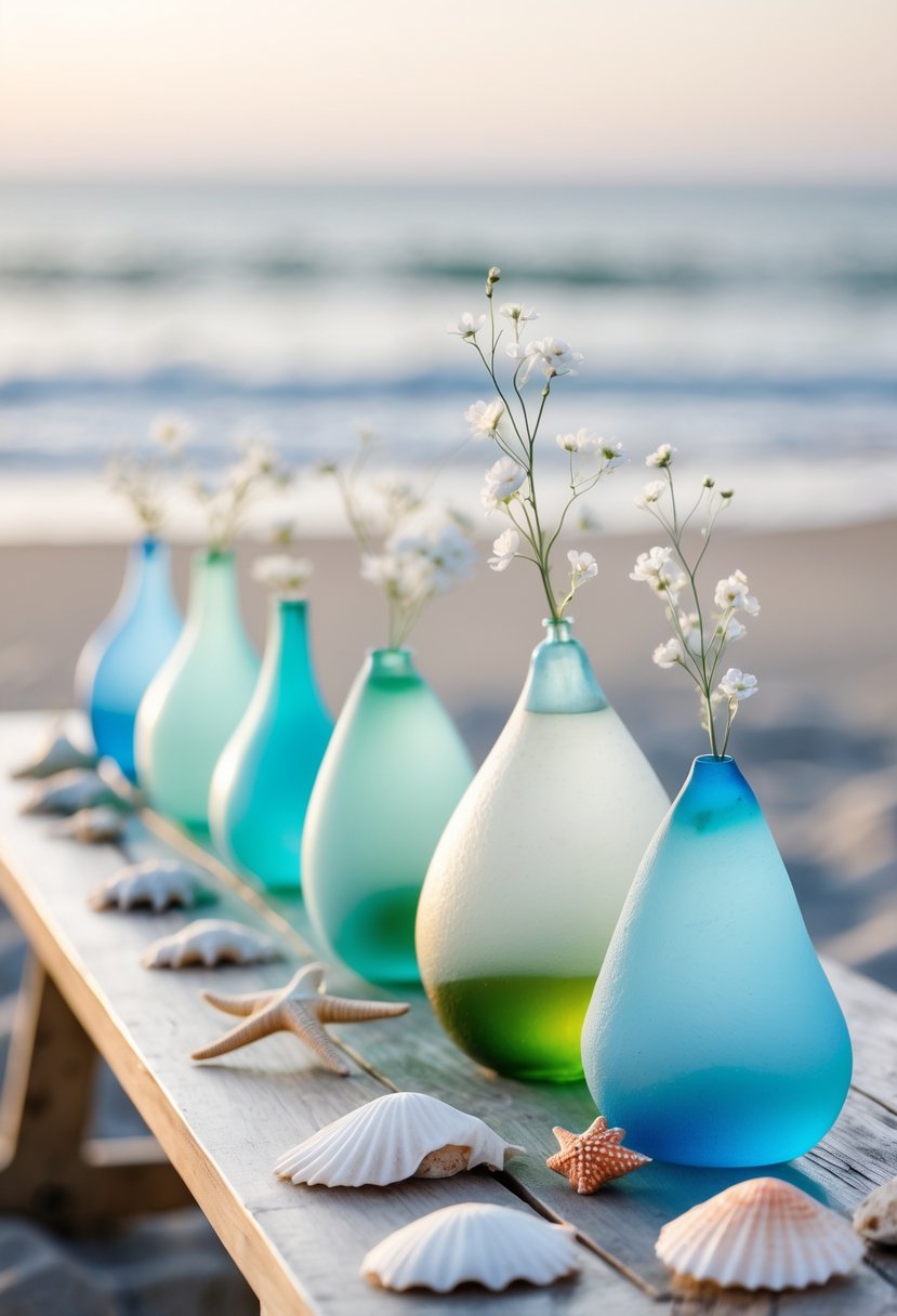 A wedding table on a beach decorated with colorful sea glass vases and small seashells, with the ocean visible in the background.