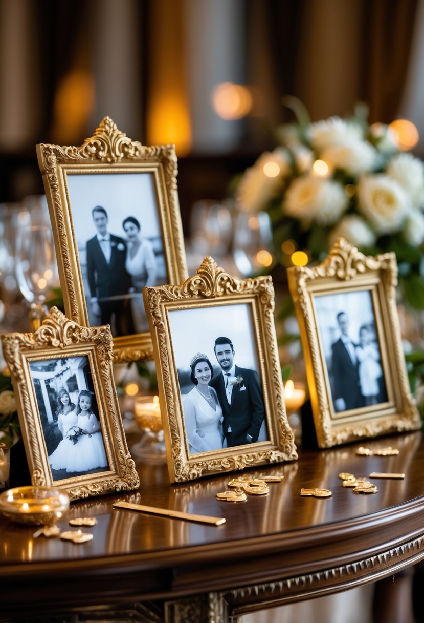 A wedding table decorated with ornate gold picture frames holding vintage family photos.