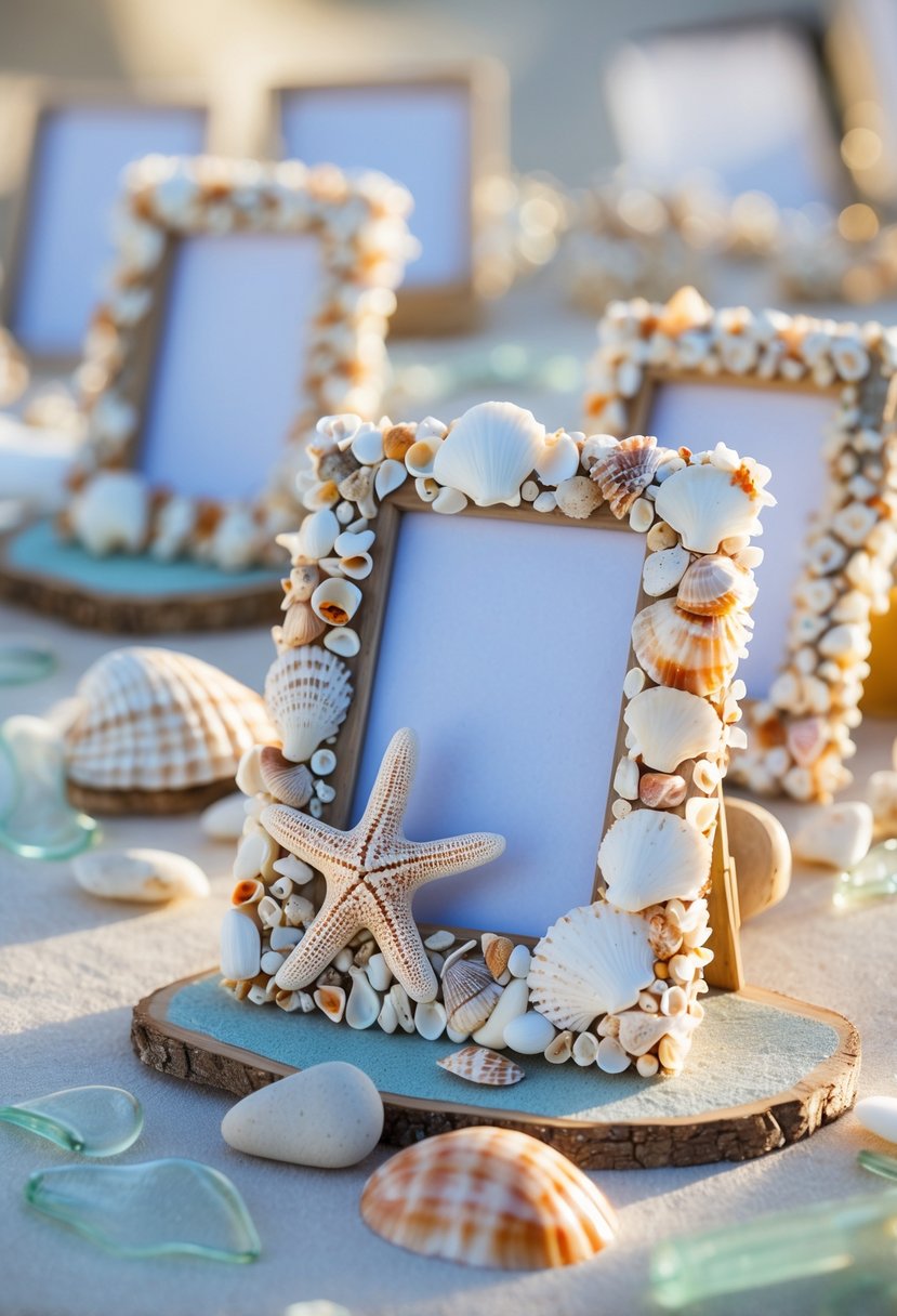 Wedding table decorated with seashell-covered picture frames and beach-themed natural elements on a wooden surface.