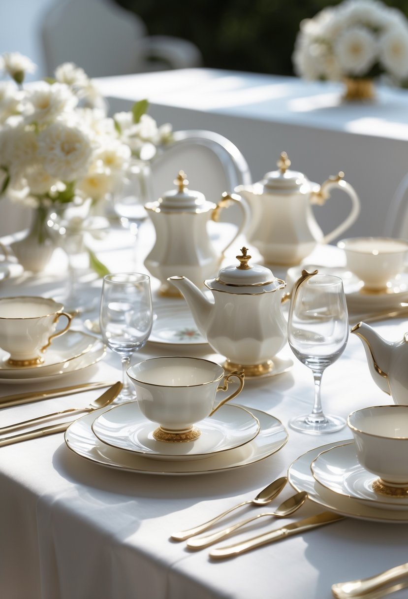 A wedding table with handcrafted porcelain tea sets arranged for display on white linens, showcasing teacups, saucers, and teapots without any flowers.