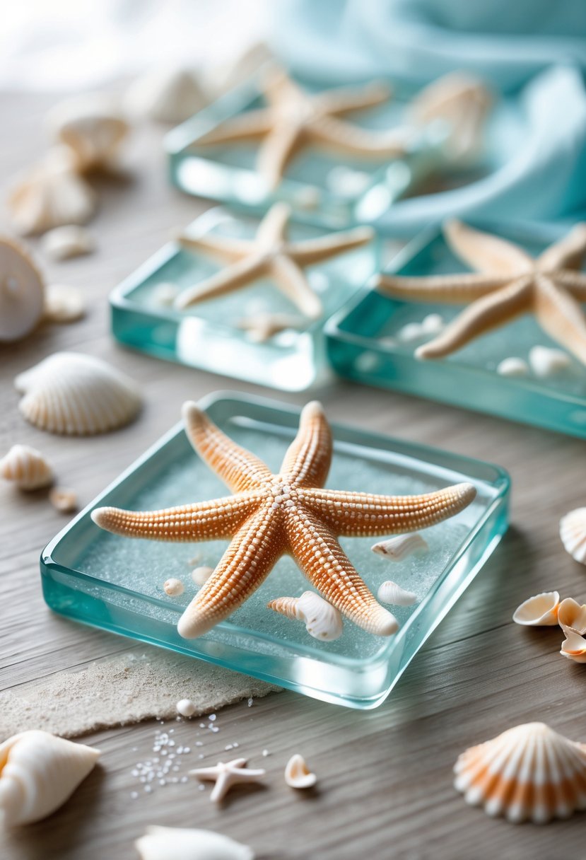 Glass coasters with starfish embedded inside arranged on a wooden table with seashells and sand, evoking a beach setting.