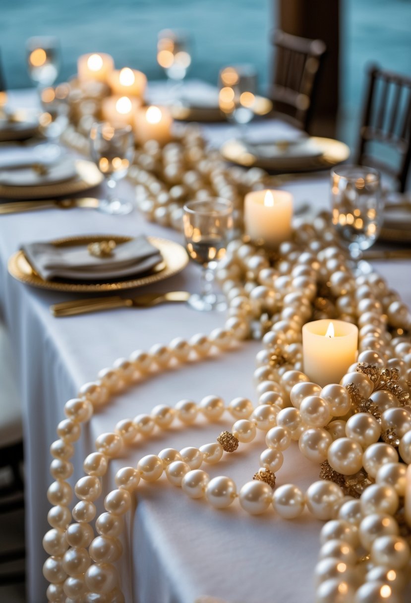 A wedding table decorated with pearl and gold beaded garlands draped over a white tablecloth, surrounded by glassware and candles.