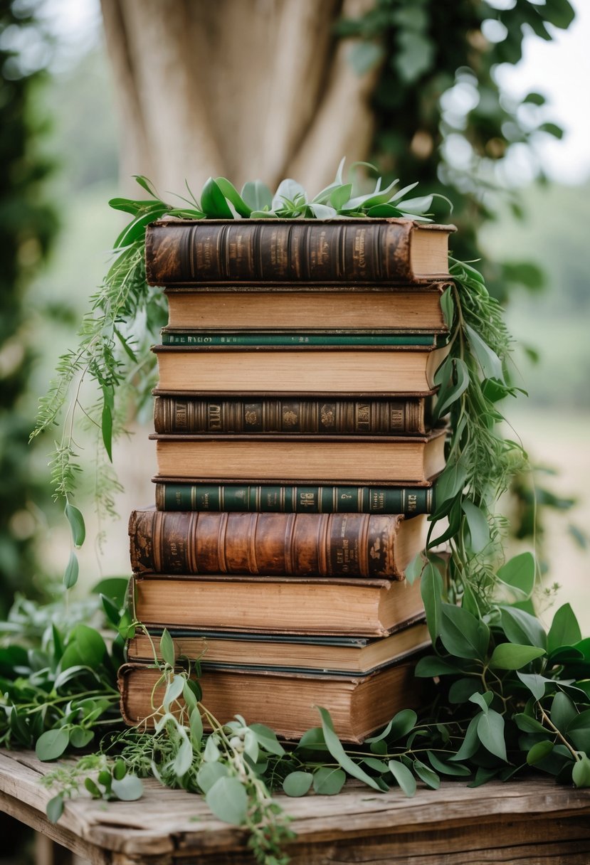 A stack of antique books surrounded by green leaves on a wooden surface.