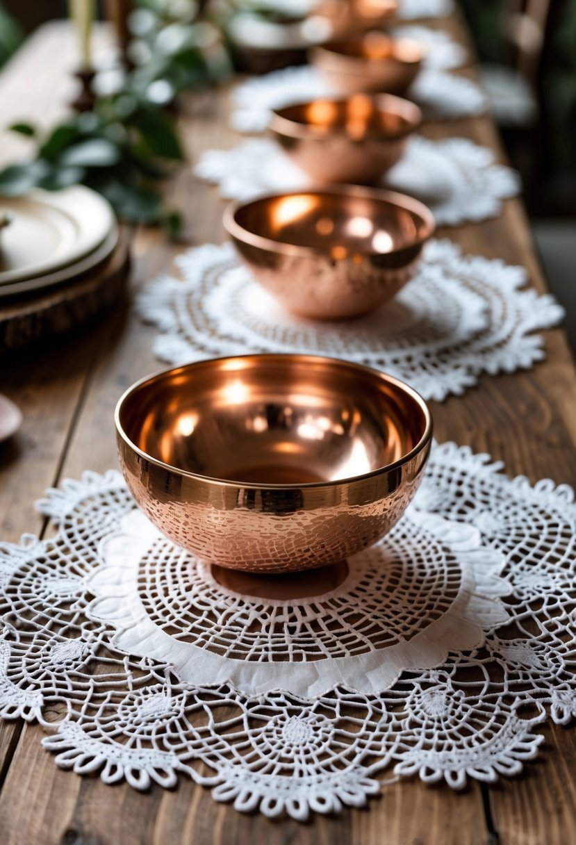 A wooden table with white lace doilies and polished copper bowls arranged on top.