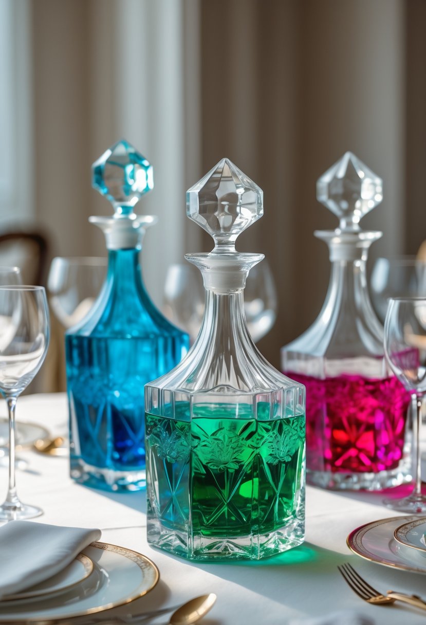 French crystal decanters filled with colored water arranged on a wedding table.