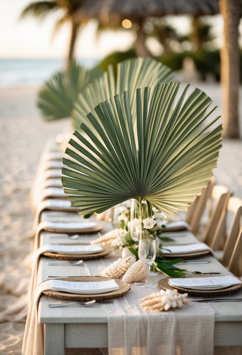 Wedding table decorated with palm frond fans and beach-themed accents, set outdoors near the beach.