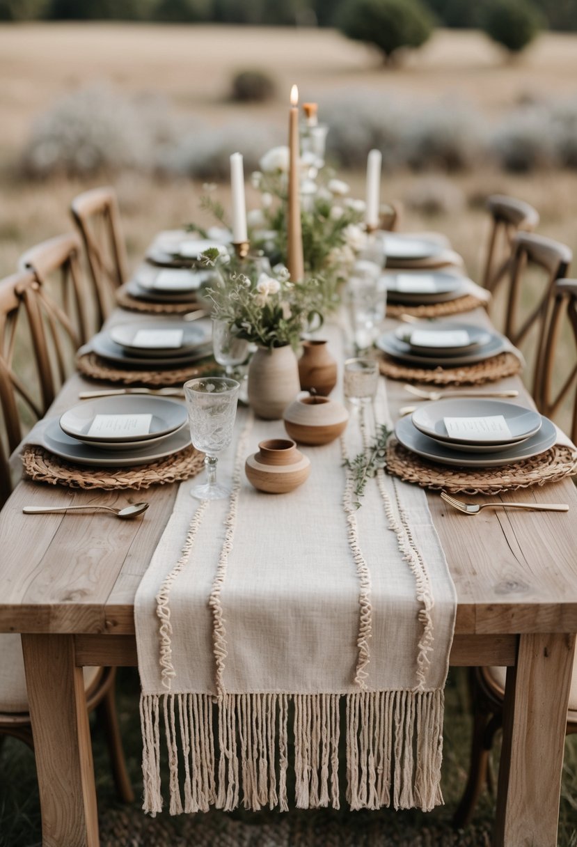 A wedding table set outdoors with fringed linen table runners, rustic wooden elements, and simple tableware without flowers.