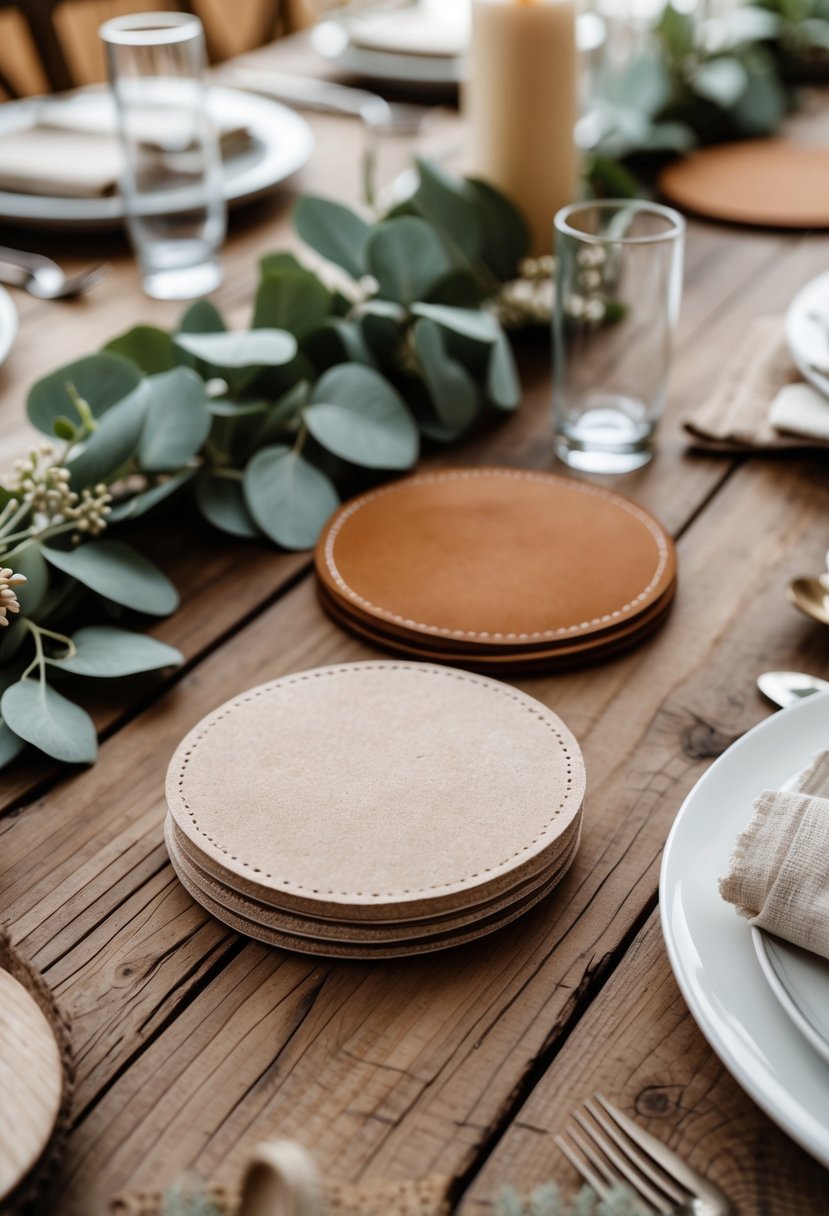 A rustic wooden table set with leather and suede coasters, neutral linen napkins, glassware, and eucalyptus leaves.