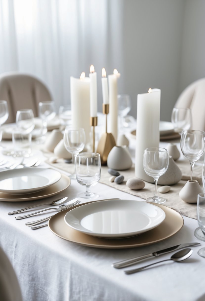 A wedding table set with plates, glasses, cutlery, and candles but no flowers.
