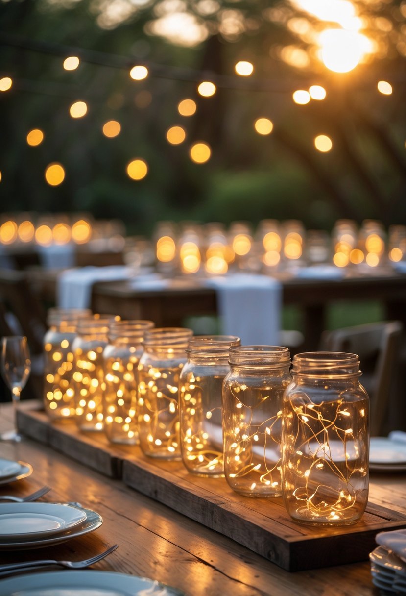 Wedding table with glass jars filled with twinkling fairy lights creating a warm glow.