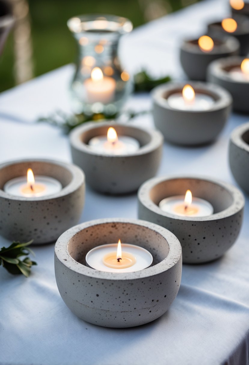A wedding table with minimalist concrete tealight holders lit with small candles, arranged neatly without any flowers.