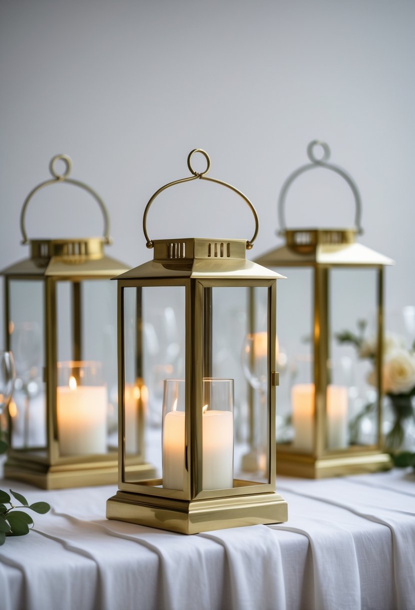 A wedding table with brass lanterns glowing softly on a white tablecloth, with no flowers or other decorations.