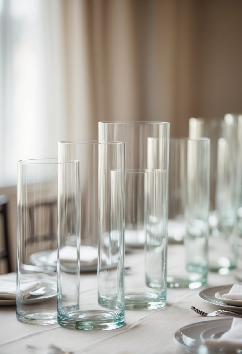 Clear glass hurricane vases without flowers arranged on a wedding table with a neutral tablecloth.
