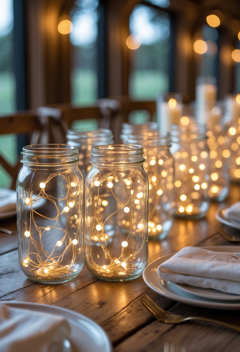 Mason jars filled with glowing string lights arranged on a wooden wedding table without flowers.