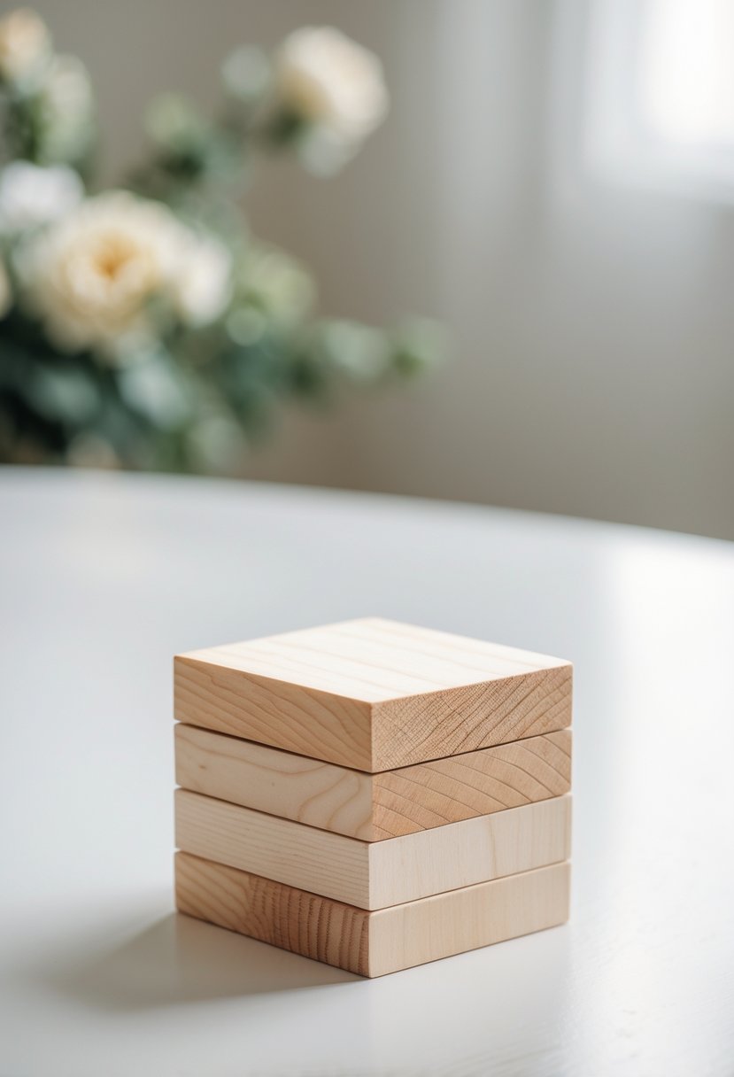 A small stack of smooth wooden blocks arranged on a white surface as wedding table decorations.