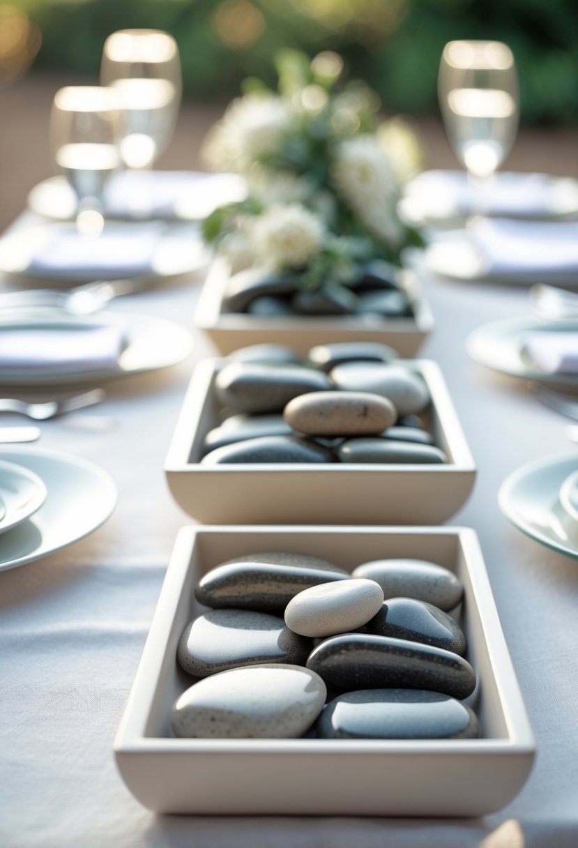 Polished river stones arranged in minimalist trays on a white table.