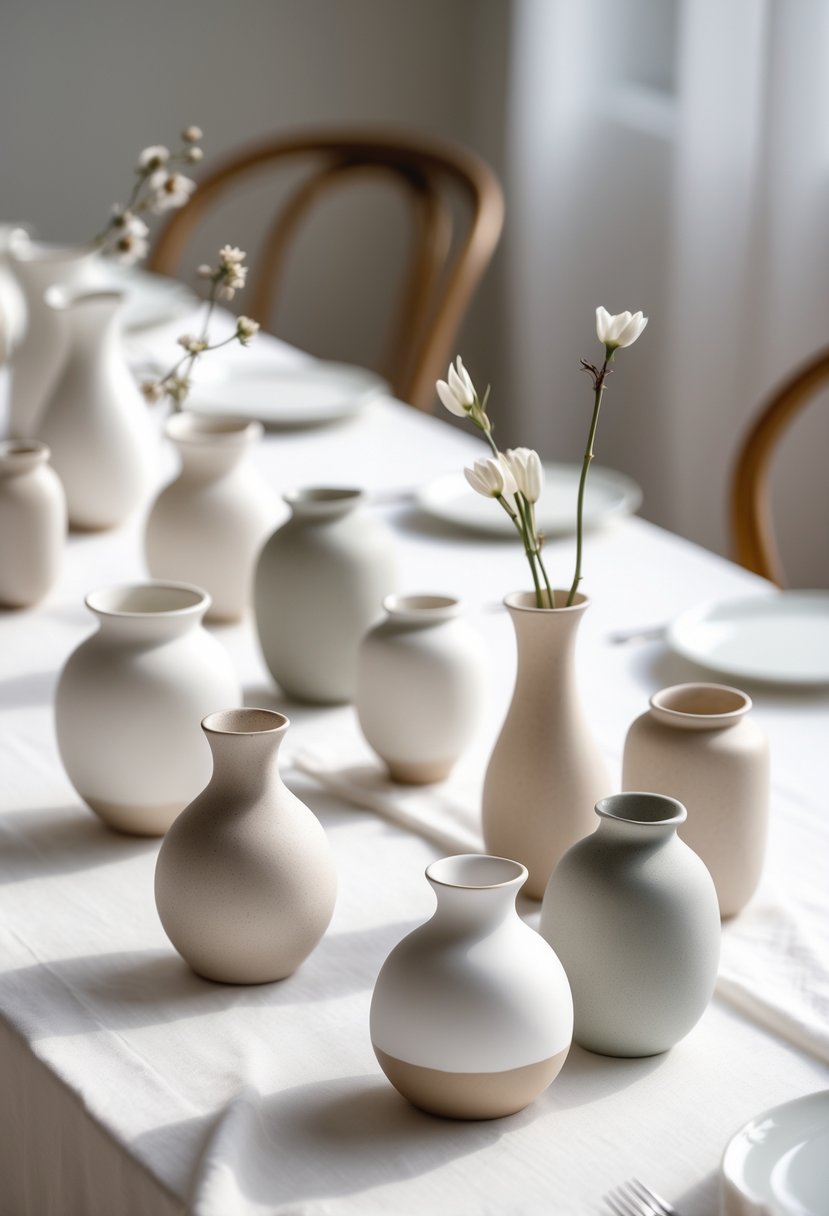 A group of simple ceramic bud vases without flowers arranged on a wedding table.