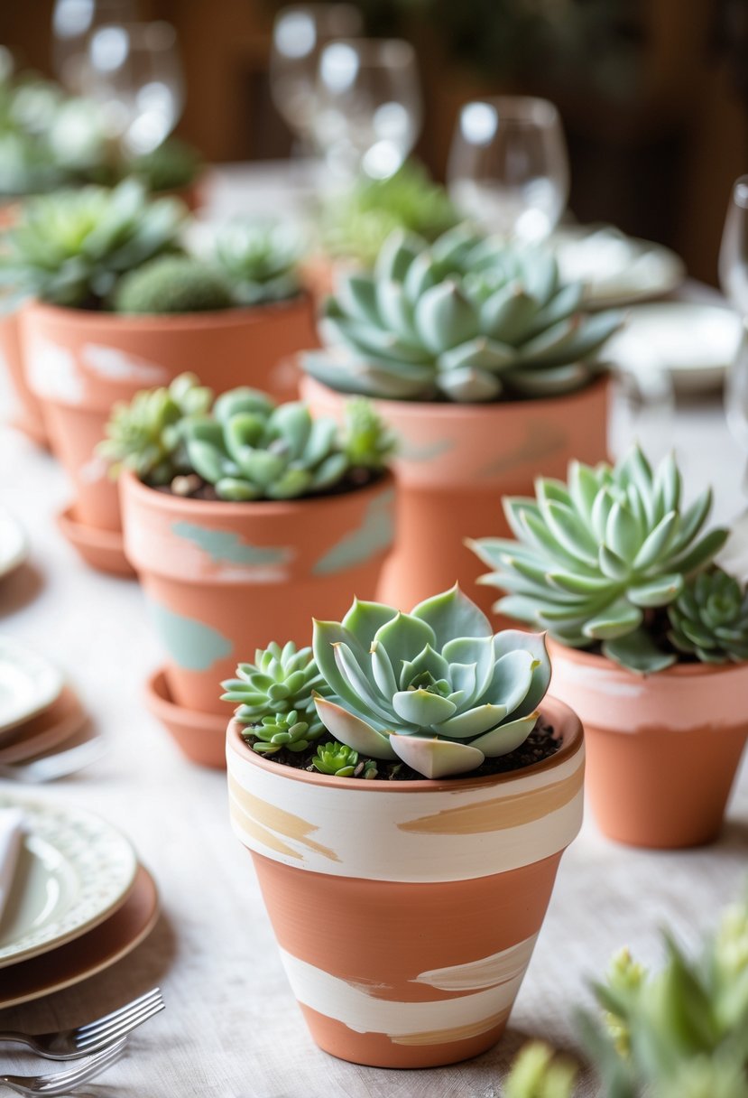Close-up of hand-painted terracotta pots with green succulents arranged on a wedding table.