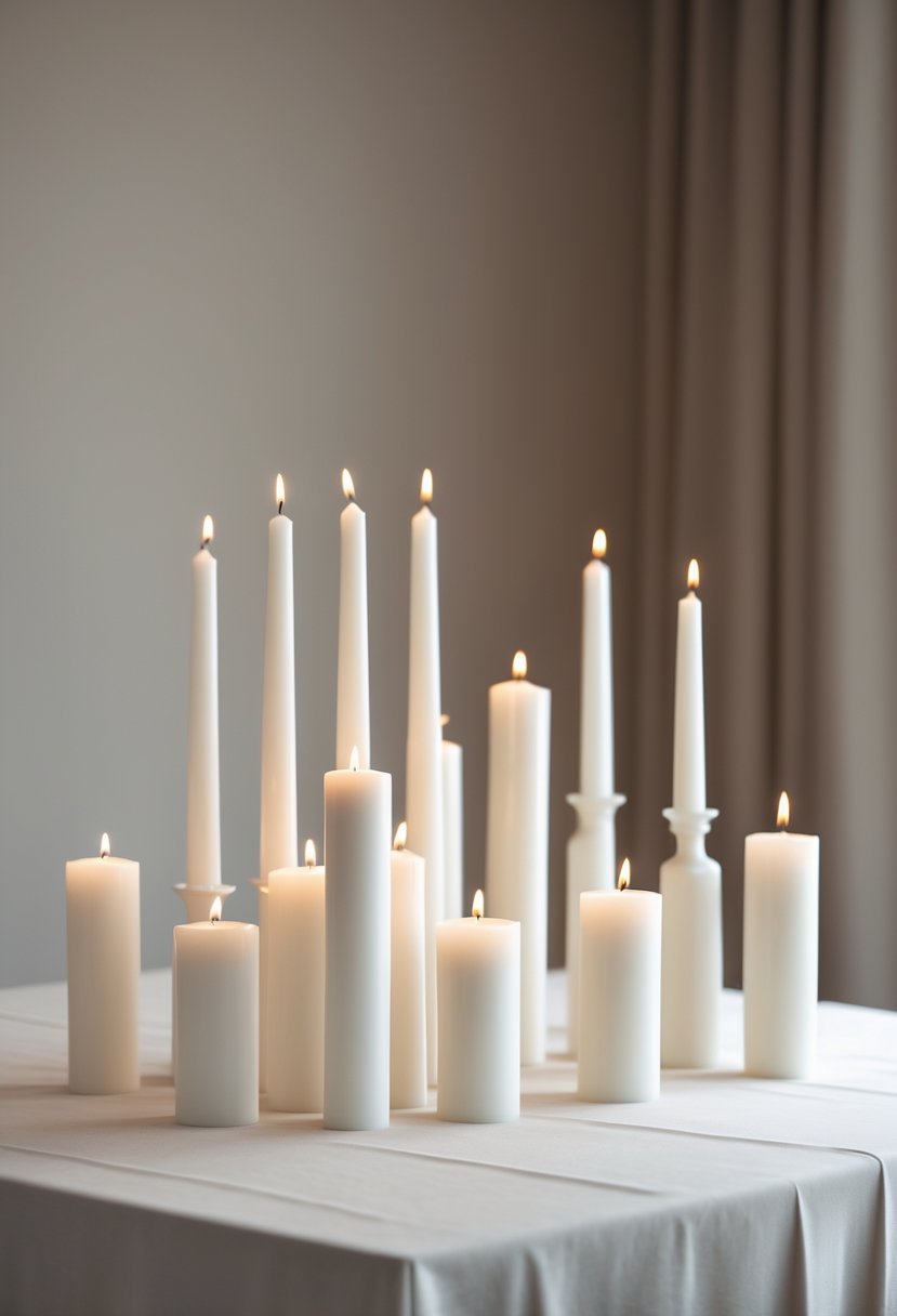 A table with groups of white pillar candles arranged neatly without any flowers or other decorations.